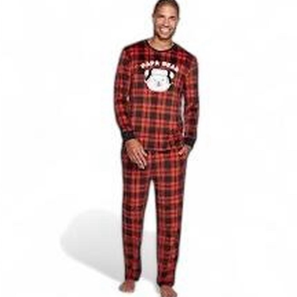Cuddl Duds “Papa Bear” Pajamas Sz L 2 Piece Red Plaid Men’s Drawstring Jammies